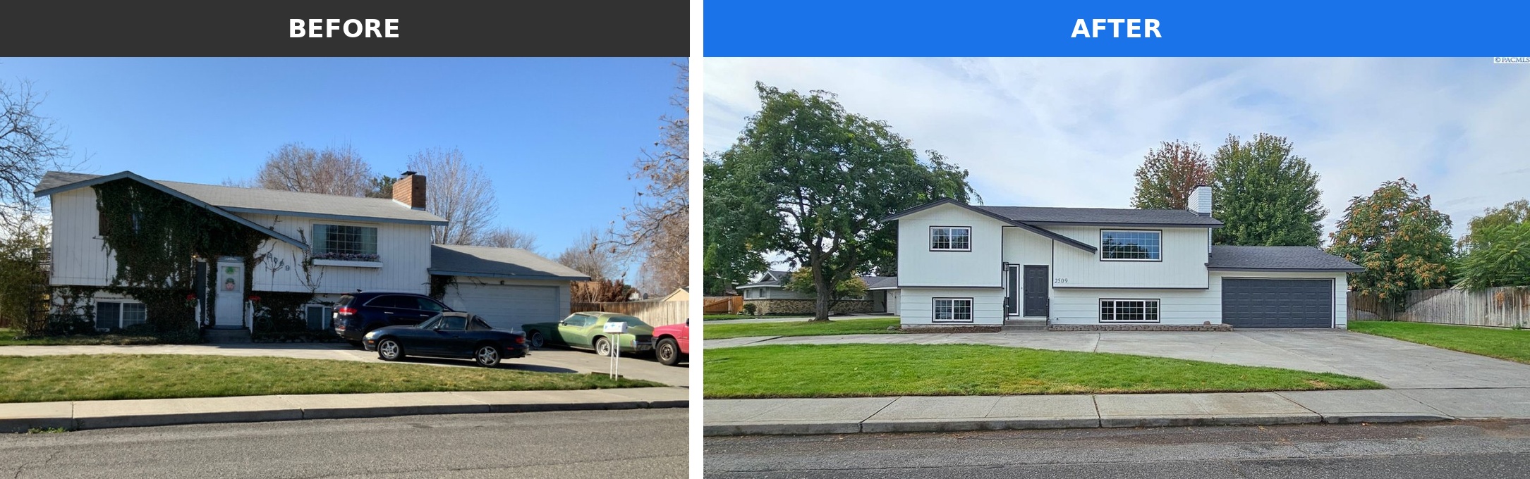 The exterior of a home in the Tri-Cities that Integrity House Buyers bought as-is and renovated &mdash; shown before and after