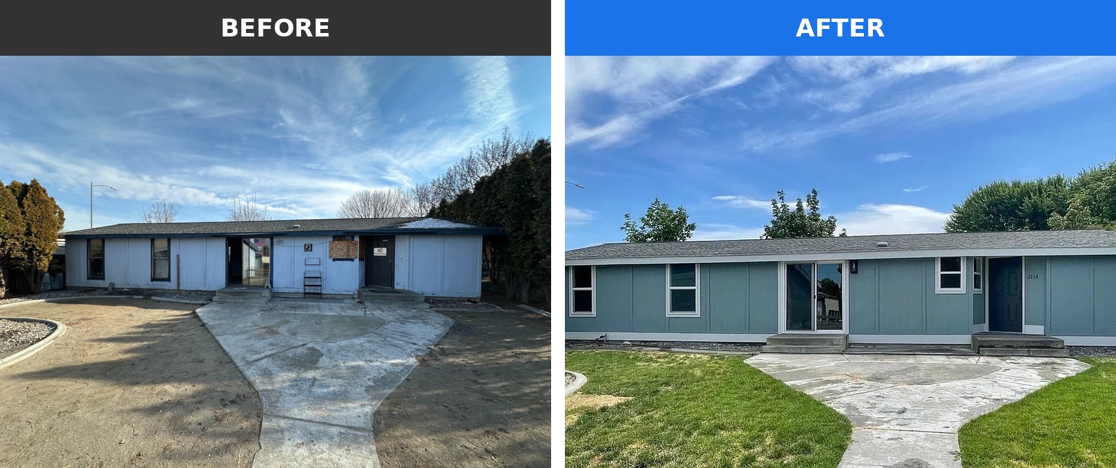 The exterior of a home in the Tri-Cities that Integrity House Buyers bought as-is and renovated &mdash; shown before and after