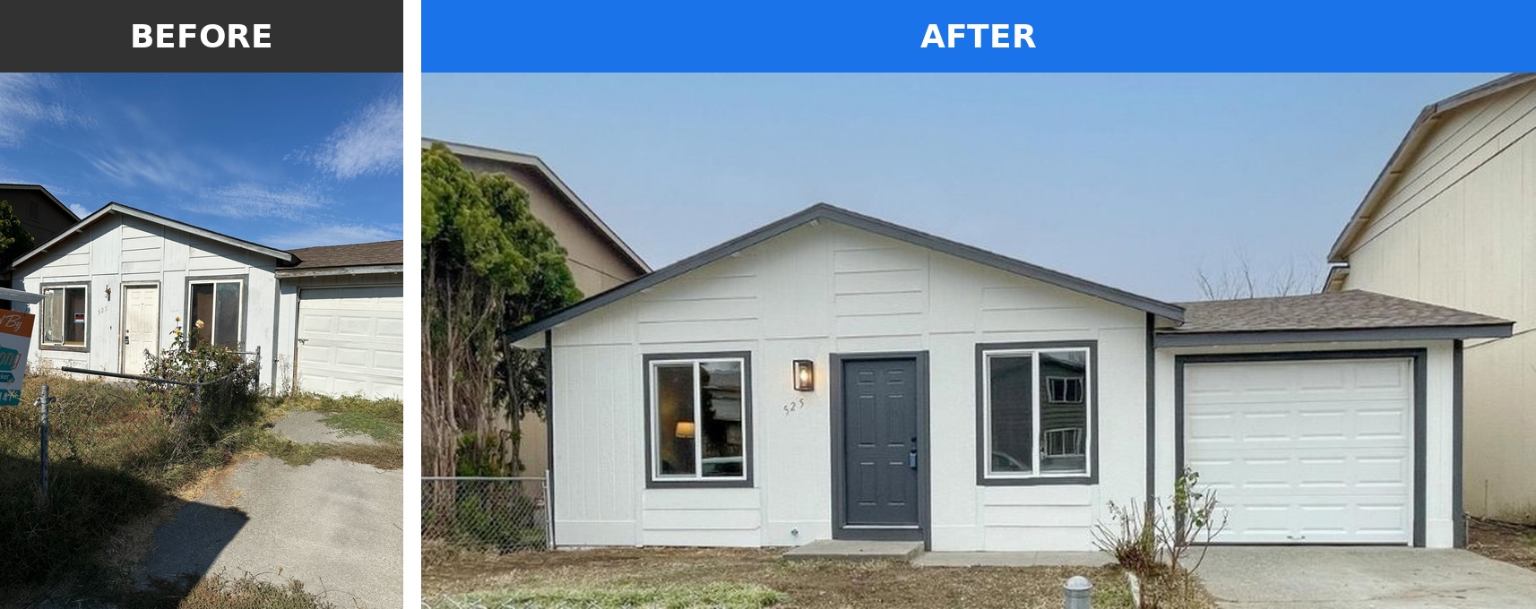 The exterior of a home in the Tri-Cities that Integrity House Buyers bought as-is and renovated &mdash; shown before and after
