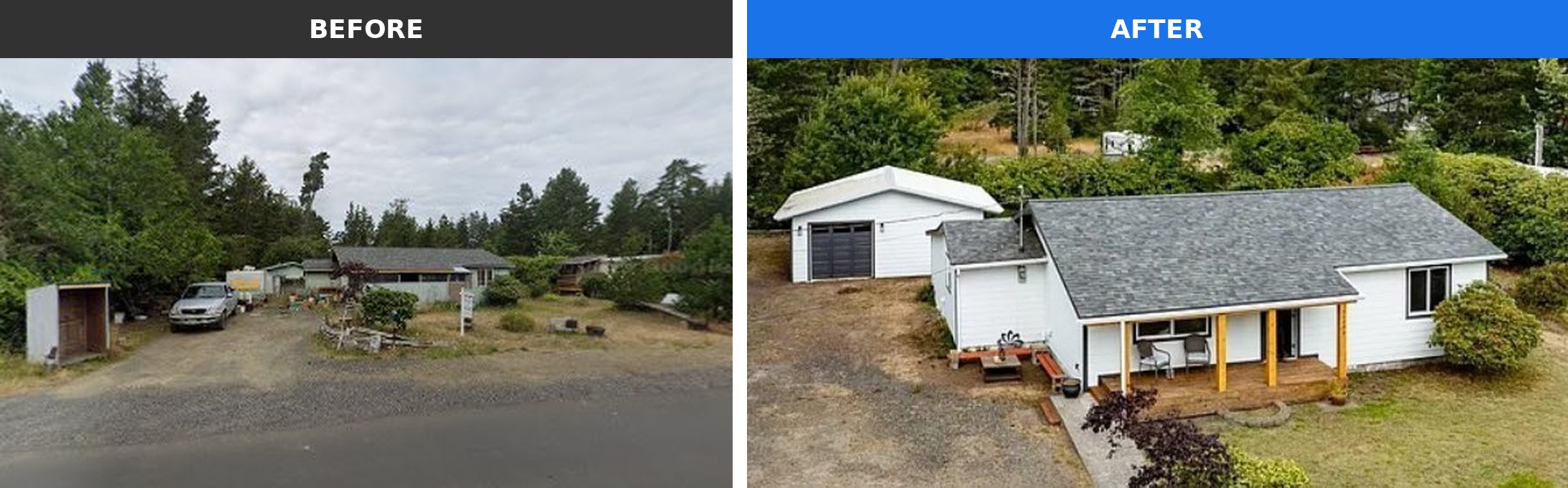 The exterior of a home in the Tri-Cities that Integrity House Buyers bought as-is and renovated &mdash; shown before and after