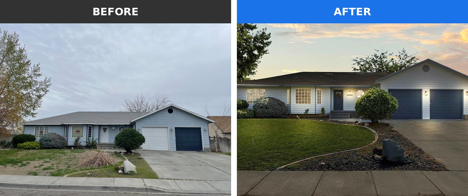 The exterior of a home in the Tri-Cities that Integrity House Buyers bought as-is and renovated &mdash; shown before and after