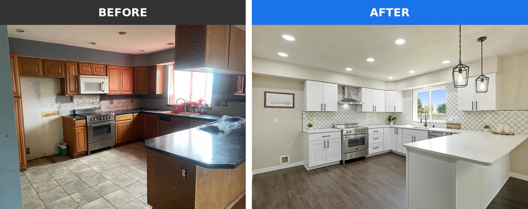 The kitchen of a home in the Tri-Cities that Integrity House Buyers bought as-is and renovated &mdash; shown before and after