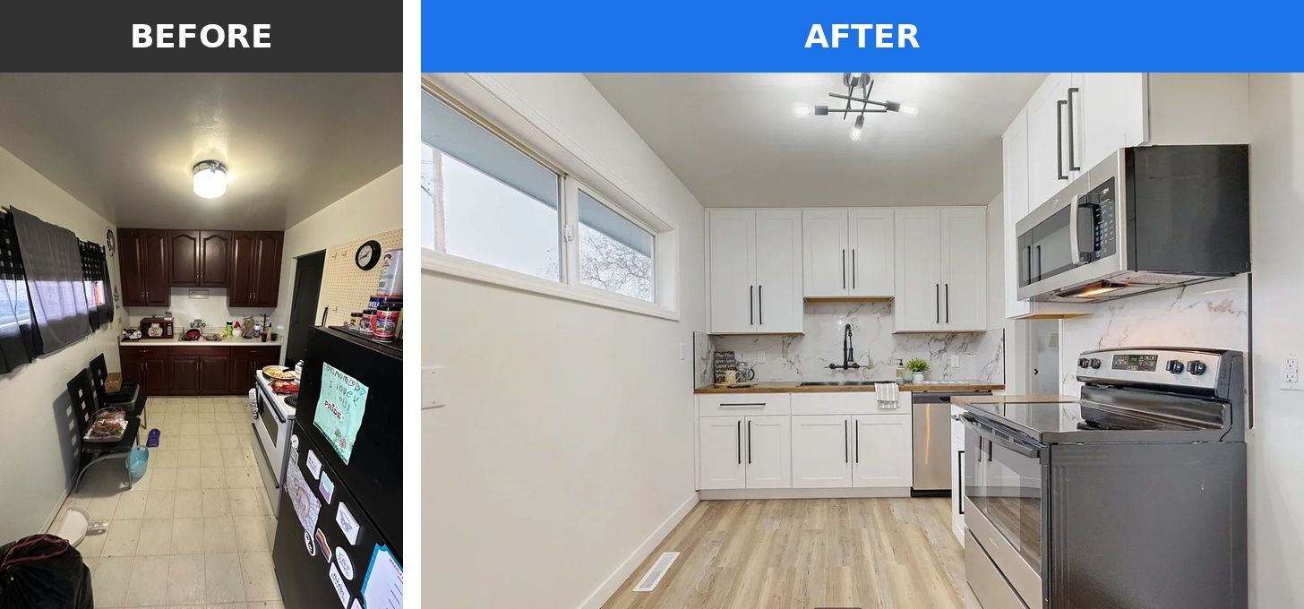 The kitchen of a home in the Tri-Cities that Integrity House Buyers bought as-is and renovated &mdash; shown before and after