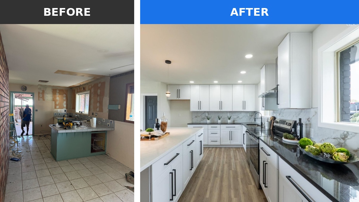 The kitchen of a home in the Tri-Cities that Integrity House Buyers bought as-is and renovated &mdash; shown before and after