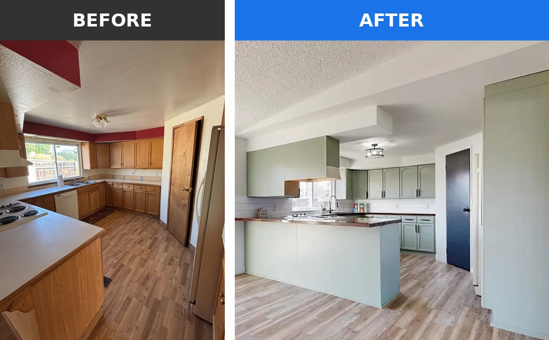 The kitchen of a home in the Tri-Cities that Integrity House Buyers bought as-is and renovated &mdash; shown before and after