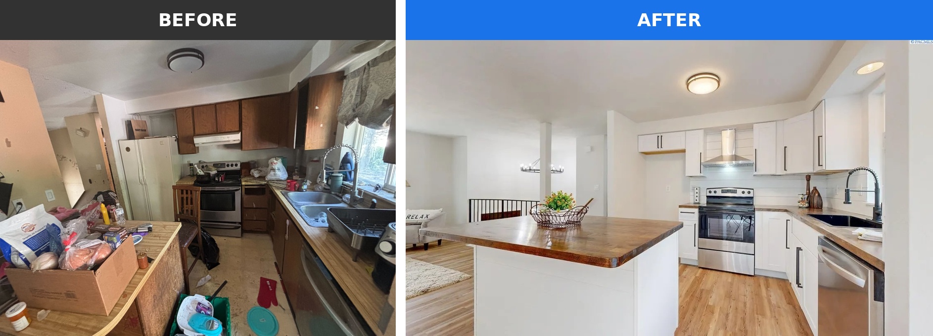 The kitchen of a home in the Tri-Cities that Integrity House Buyers bought as-is and renovated &mdash; shown before and after