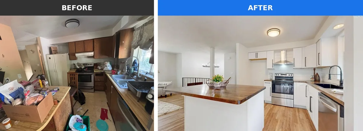 Kitchen remodel before and after &mdash; white cabinets and a butcher-block island in a Tri-Cities home we bought for cash